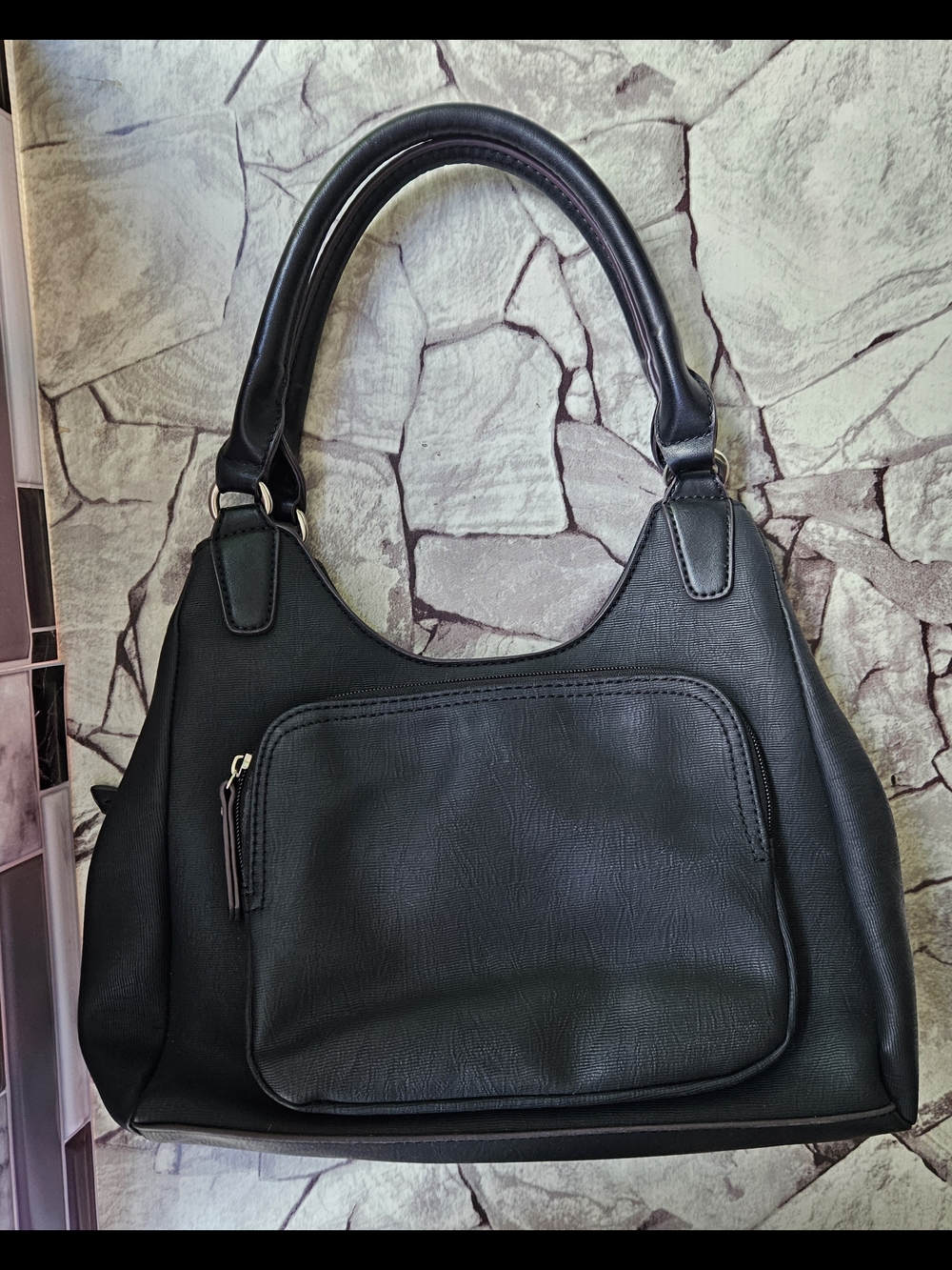 Classic Black Shoulder Tote with Front Zip and Snap Pocket - Picture 6 of 16